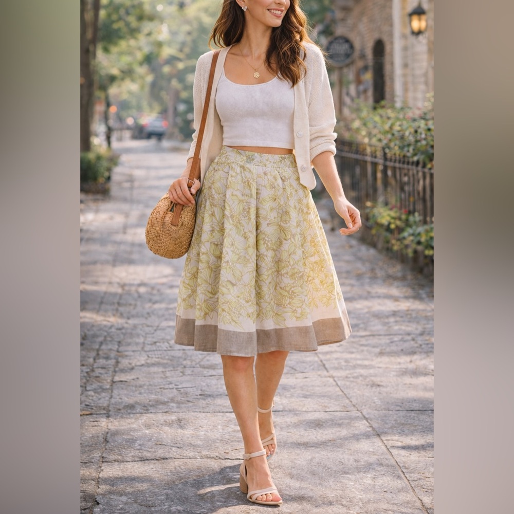 LOFT Linen Blend Floral Pleated Midi Skirt Green Spring Size 16